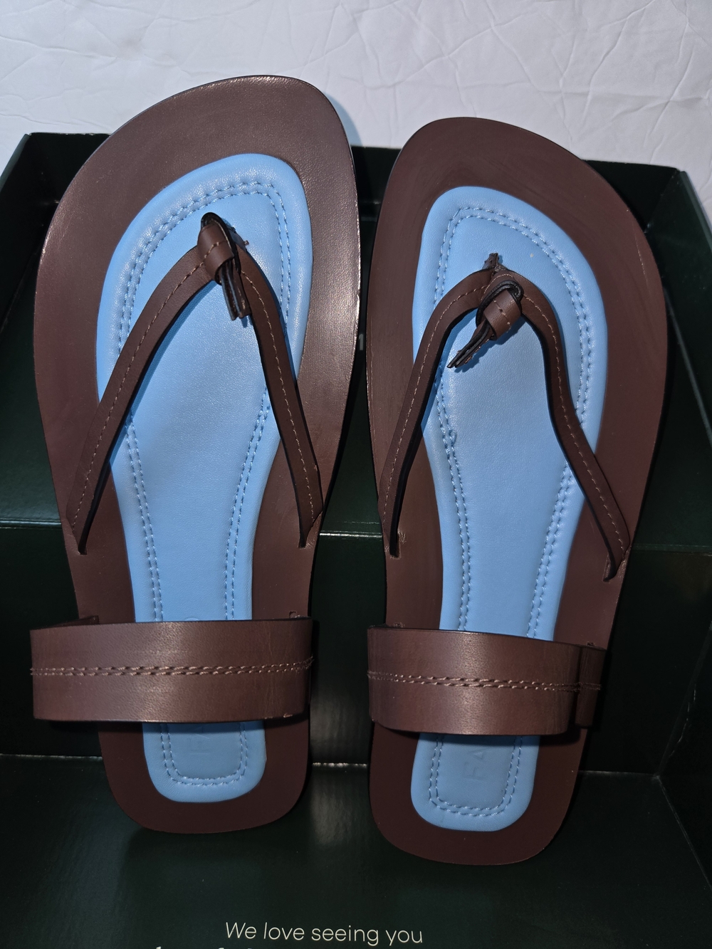 FARM Rio Brown Leather Thong Sandals with Blue Footbed